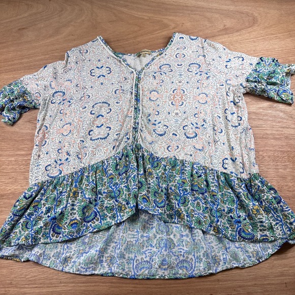 Democracy Tops - Democracy XL Boho Paisley Peplum Top Blue Green Rayon Hi Low Blouse